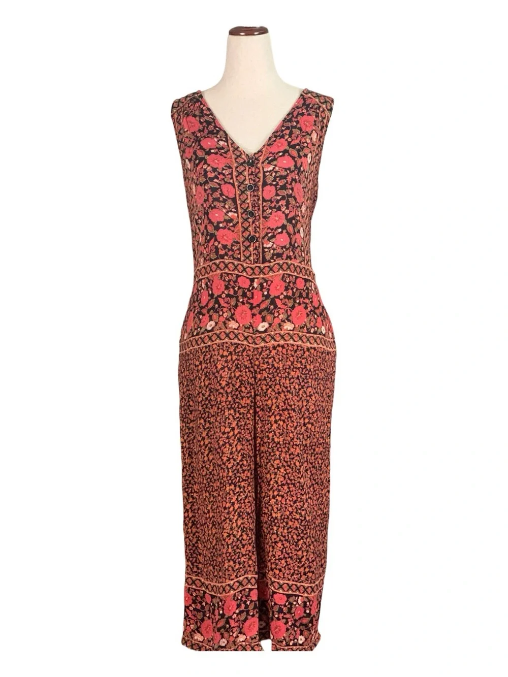 Free‎ People Coral Black Floral Geometric Romper Boho Coastal Cottagecore XS